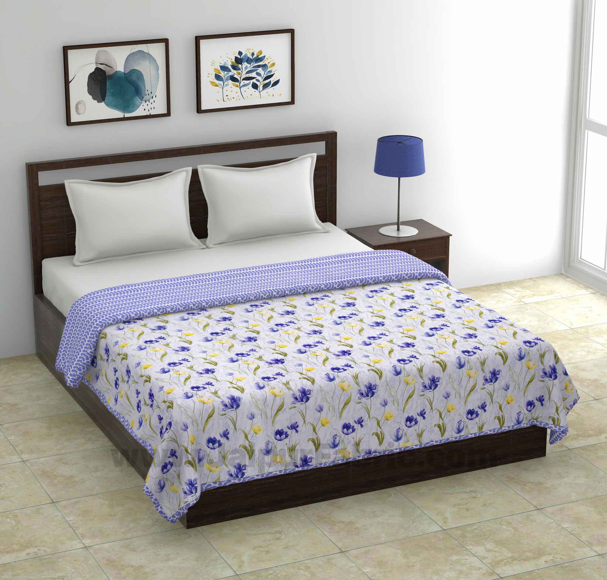 Lightweight Reversible Double Bed Dohar Blue Flower Skin Friendly Pure Cotton MulMul Blanket / AC Comforter / Summer Quilt