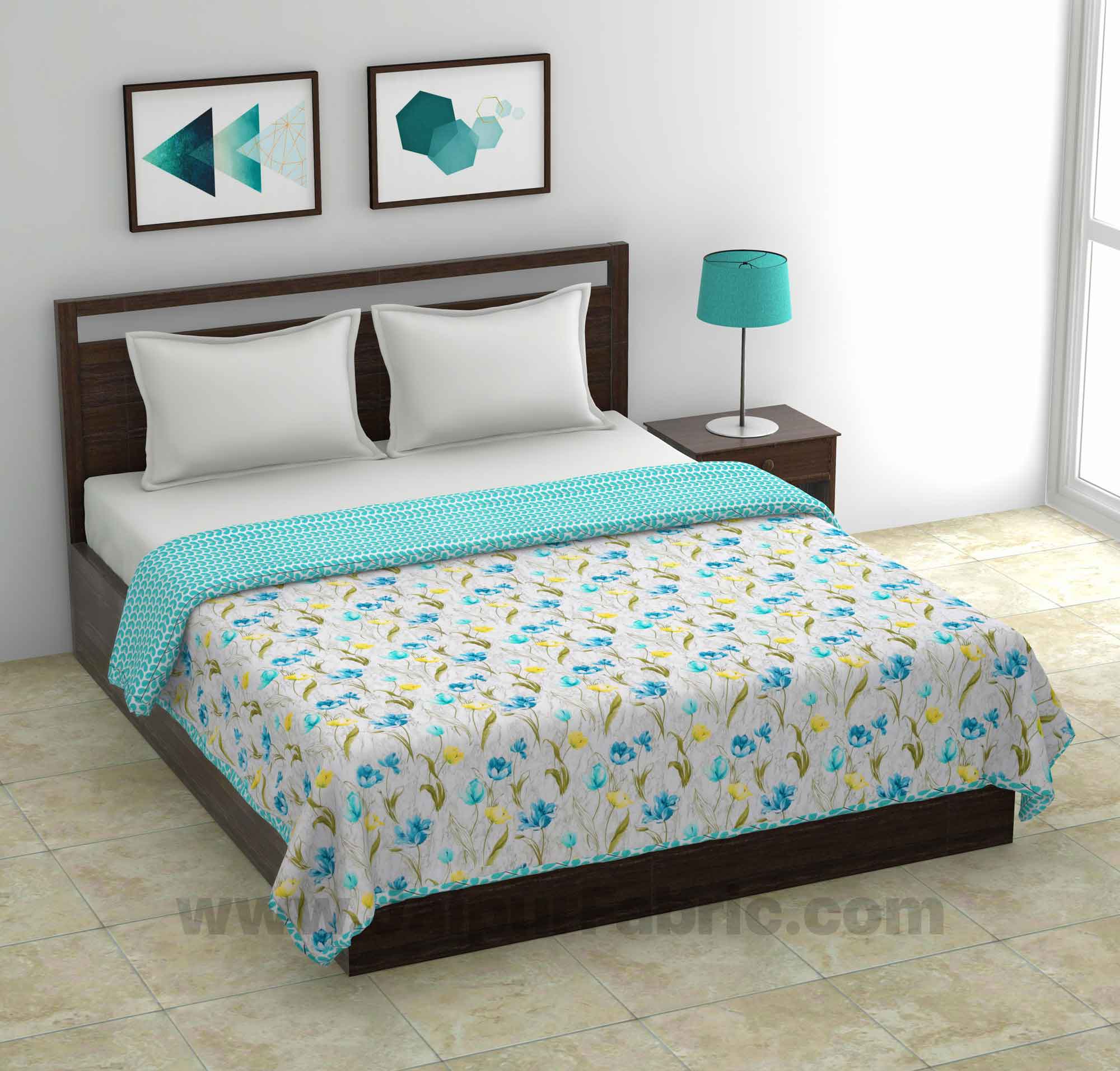 Lightweight Reversible Double Bed Dohar Green Flower Skin Friendly Pure Cotton MulMul Blanket / AC Comforter / Summer Quilt