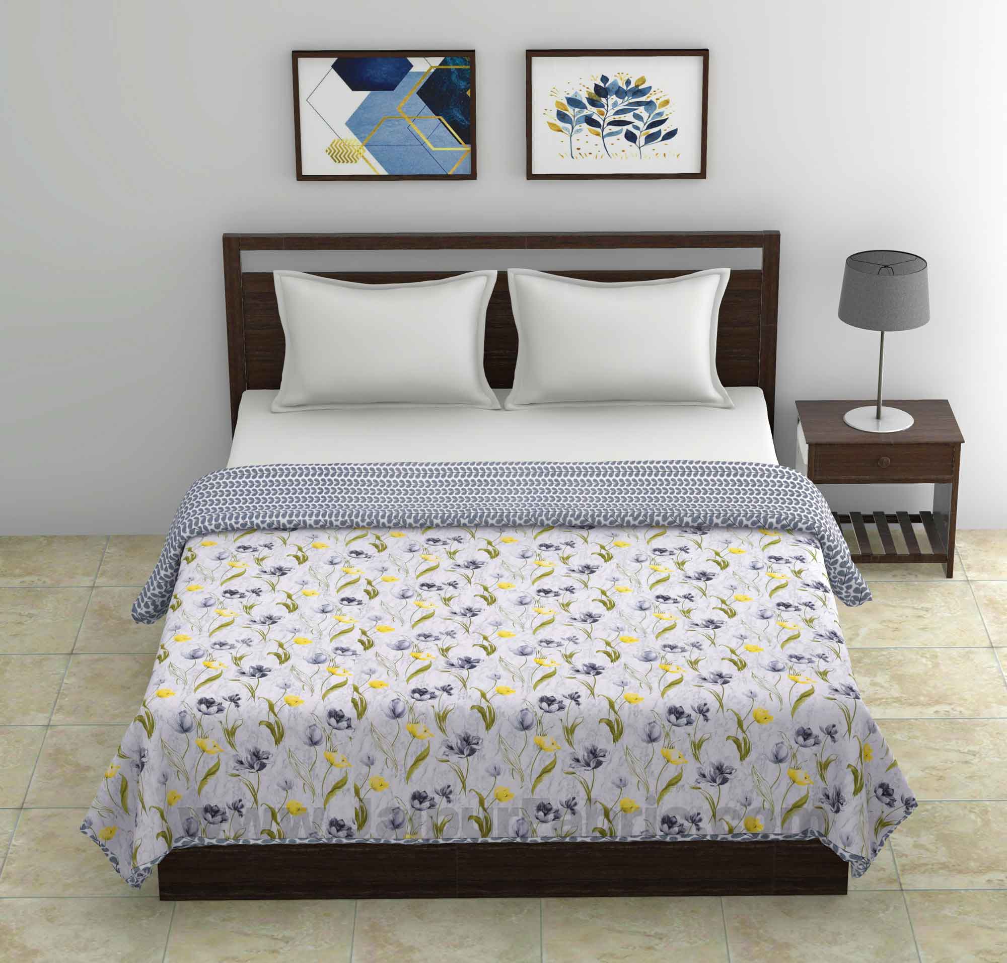 Lightweight Reversible Double Bed Dohar Grey Flower Skin Friendly Pure Cotton MulMul Blanket / AC Comforter / Summer Quilt