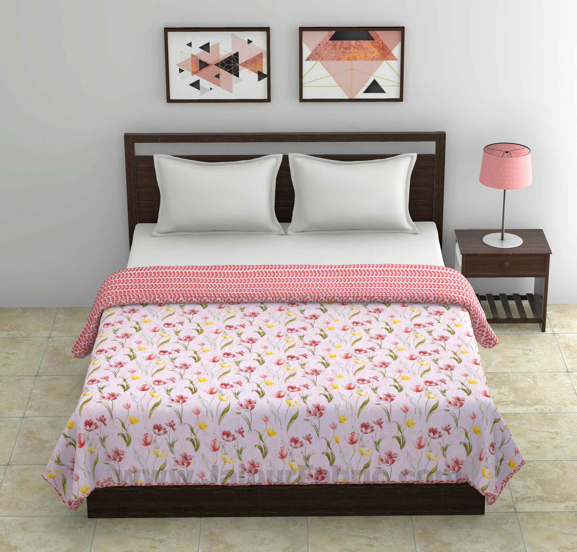 Lightweight Reversible Double Bed Dohar Pink Flower Skin Friendly Pure Cotton MulMul Blanket / AC Comforter / Summer Quilt