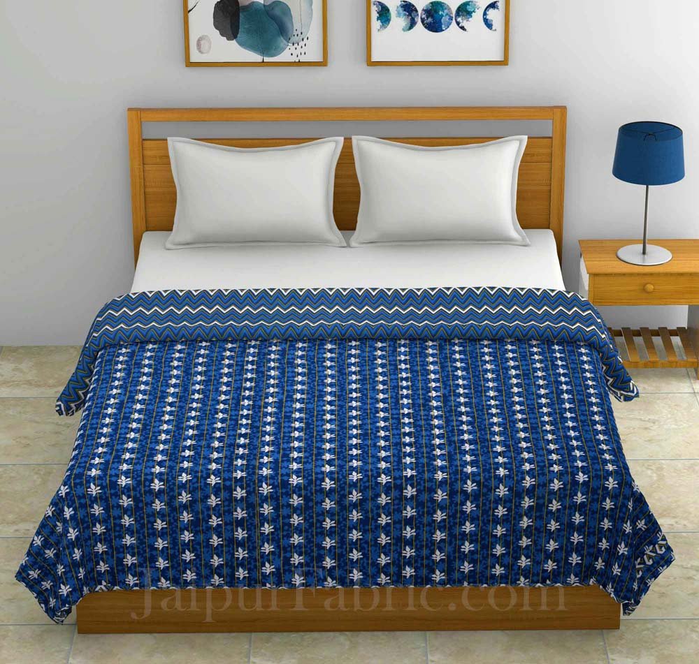 Mulmul Pure Cotton Small Leaf  Navy Blue Border Jaipuri Double Bed Dohar