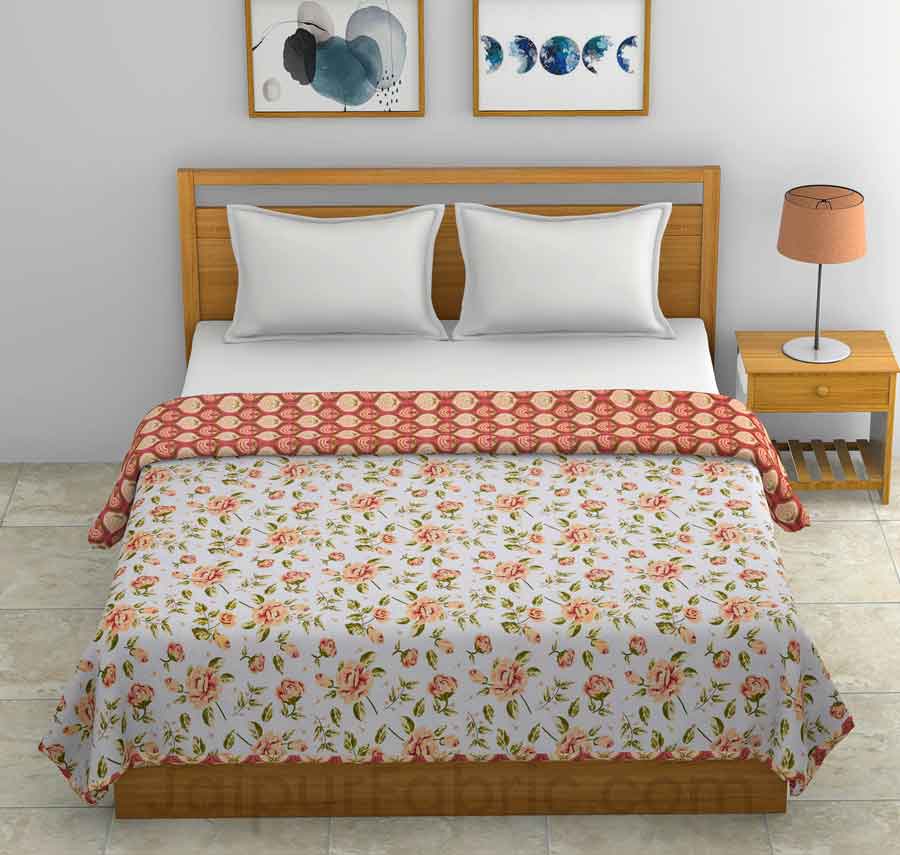 Mulmul Pure Cotton Small Leaf  Creamish Floral Border Jaipuri Double Bed Dohar