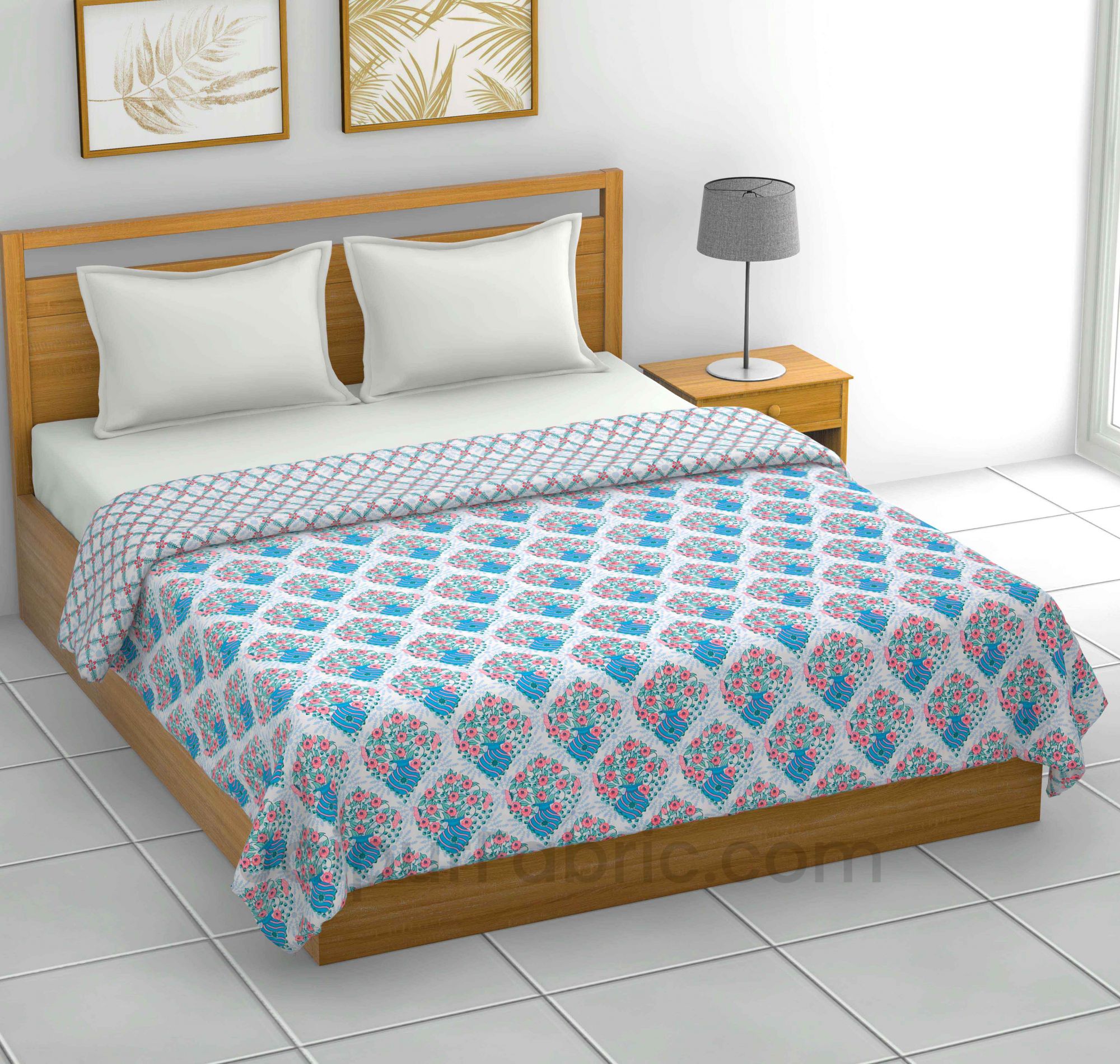 Blue White Floral 150 GSM Reversible Double Bed Cotton AC Dohar