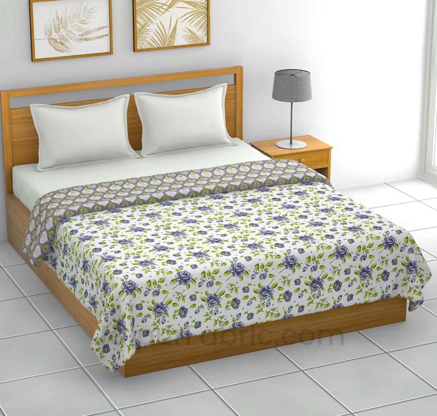 Grey Green Floral 150 GSM Reversible Double Bed Cotton AC Dohar