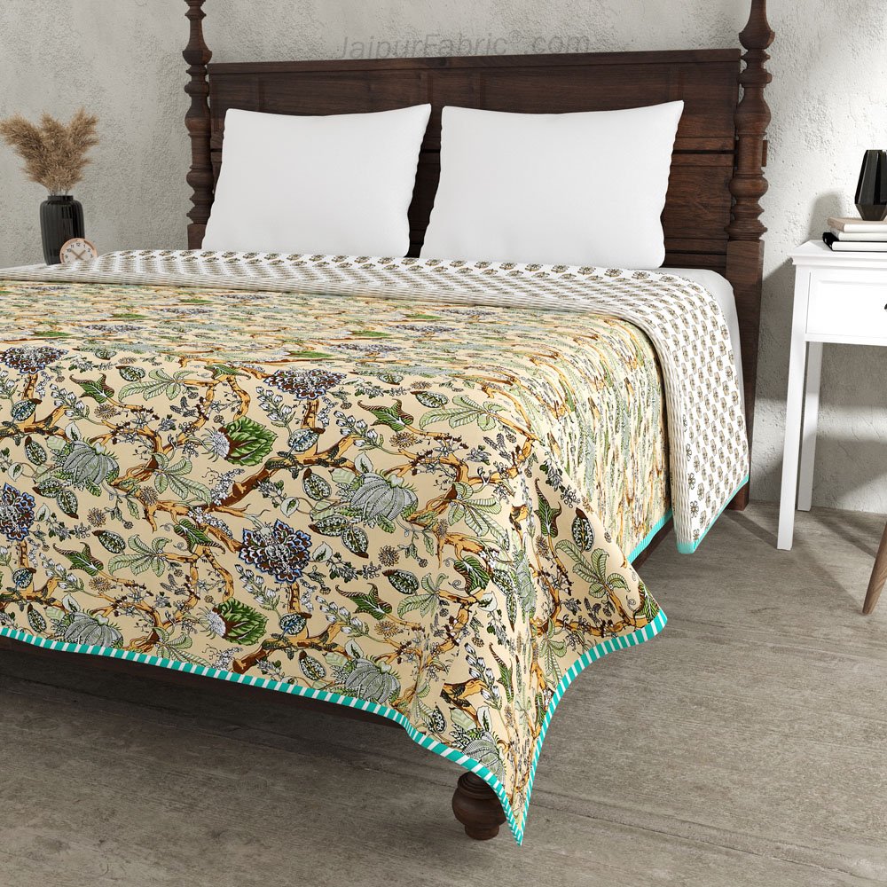 Anokhi Green Pure Cotton Reversible Double Bed AC Quilt Dohar