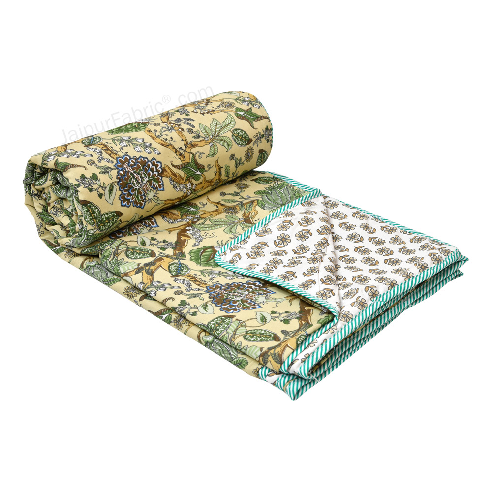 Anokhi Green Pure Cotton Reversible Double Bed AC Quilt Dohar