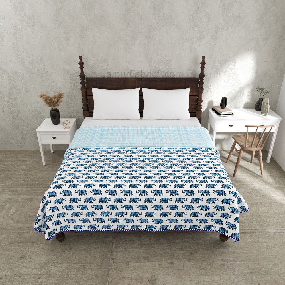 Elephant Print Blue Pure Cotton Reversible Double Bed AC Quilt Dohar