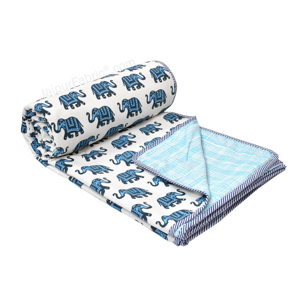 Elephant Print Blue Pure Cotton Reversible Double Bed AC Quilt Dohar