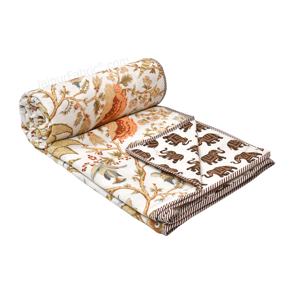 Elephant Print Brown Pure Cotton Reversible Double Bed AC Quilt Dohar