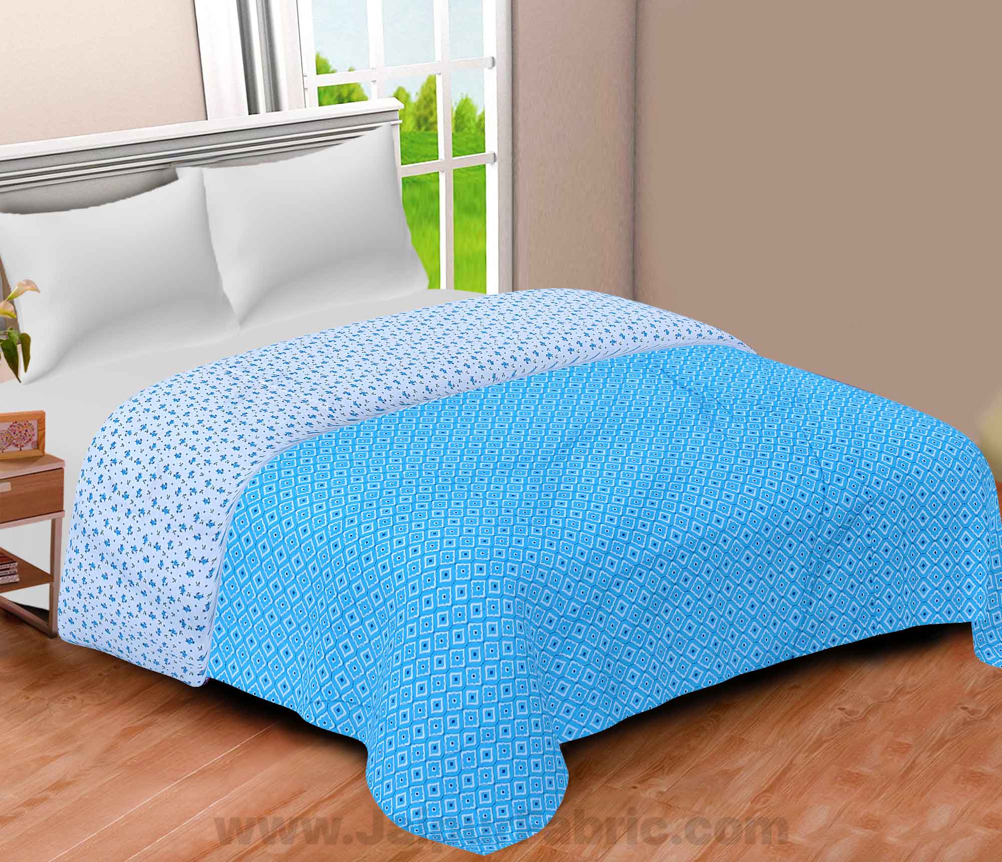 Pure Cotton Sky Blue Retro Print Reversible Double Blanket/Duvet/Quilt/AC Dohar