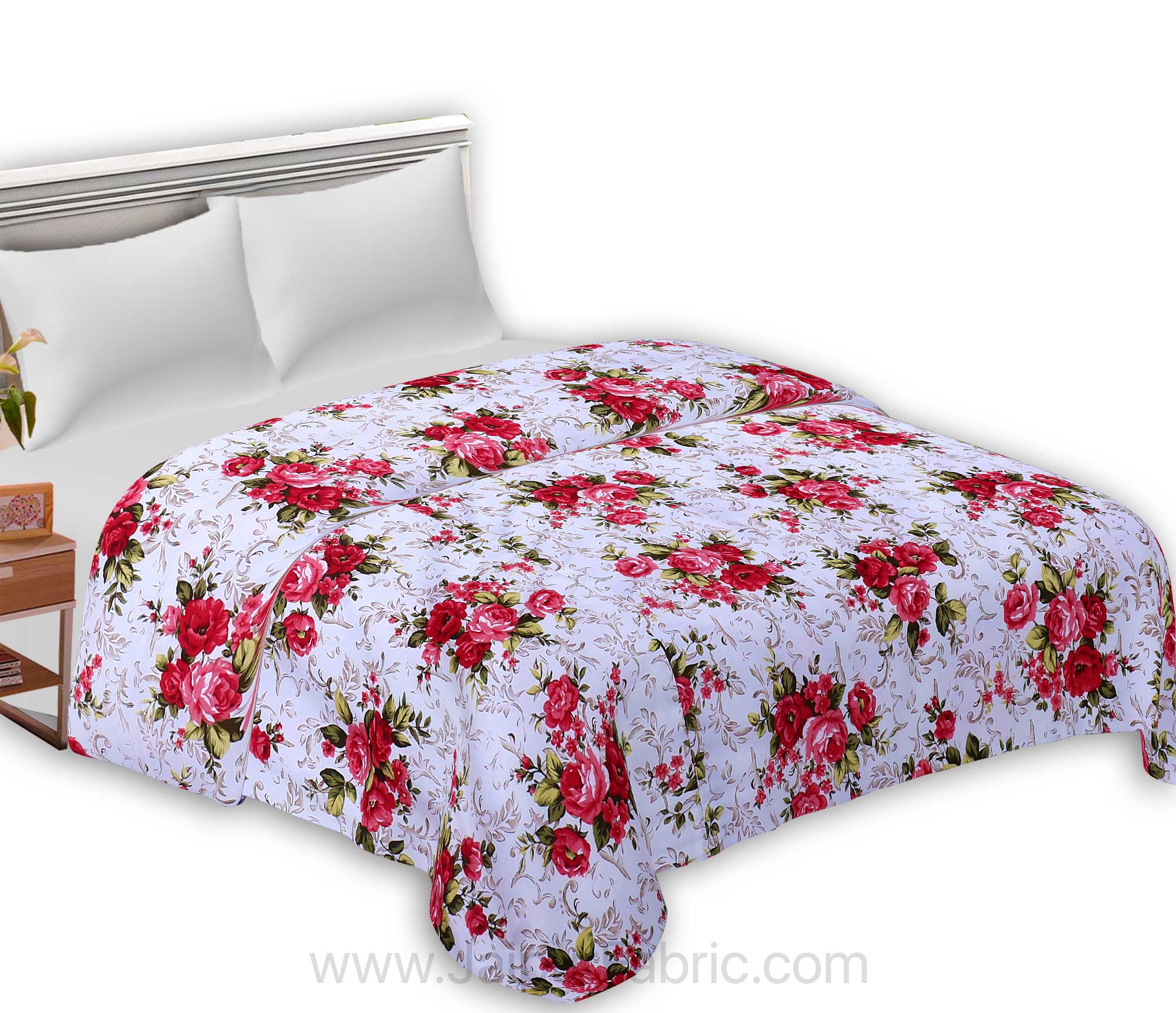 Cotton White Red Roses Reversible Double Blanket/Duvet/Quilt/AC Dohar