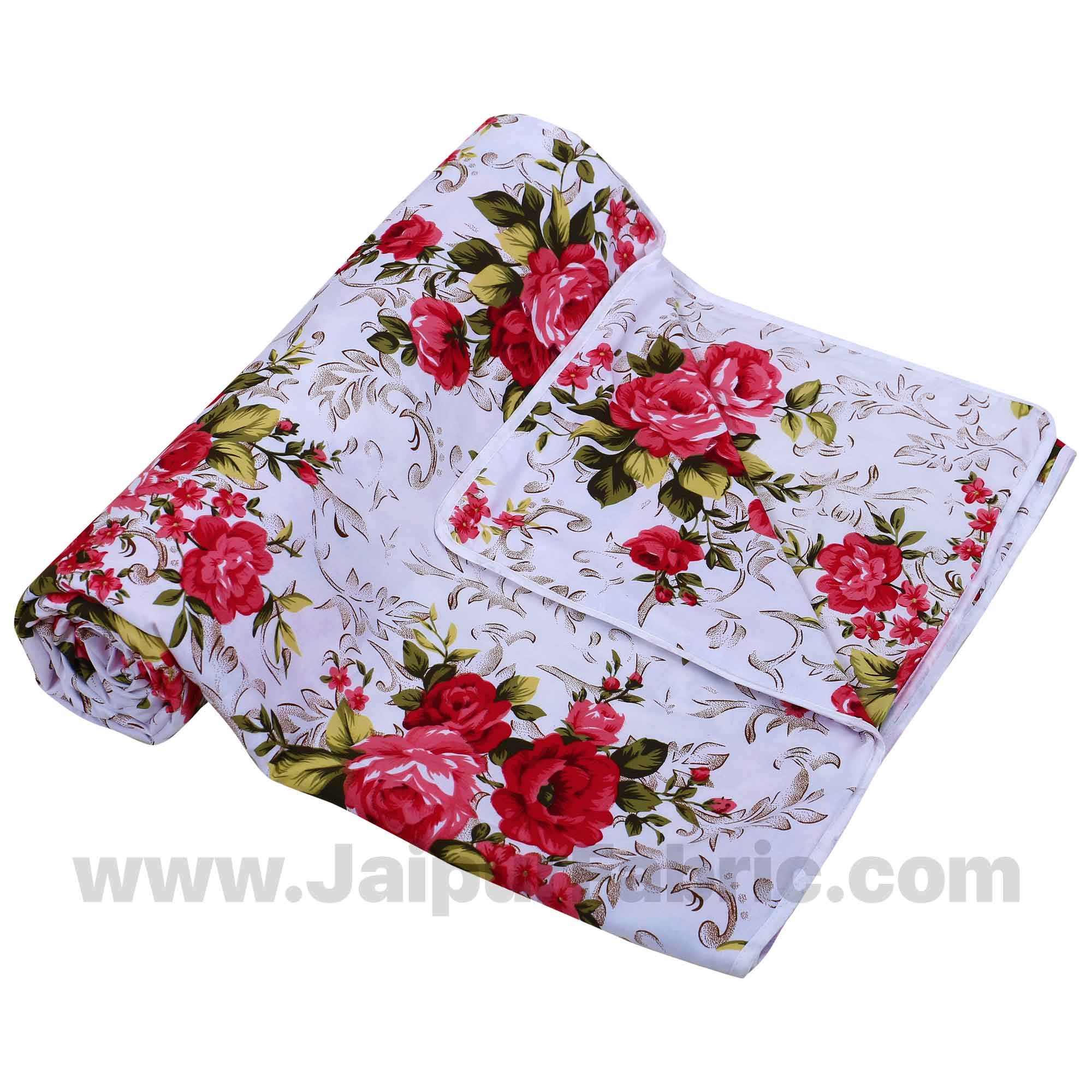 Cotton White Red Roses Reversible Double Blanket/Duvet/Quilt/AC Dohar