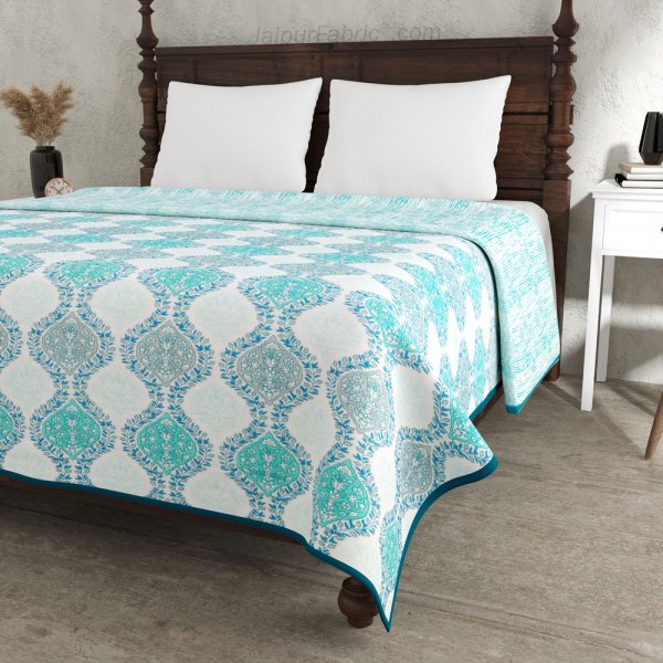 Wavy Ethnic Blueish Green Double Bed Dohar Blanket