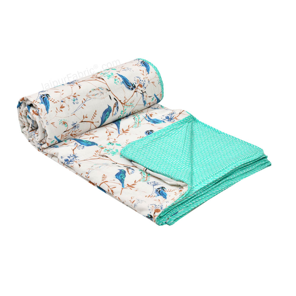 Parakeets Blue Green Double Bed Dohar Blanket