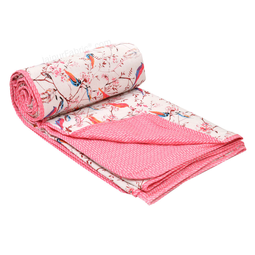 Parakeets Pink Double Bed Dohar Blanket