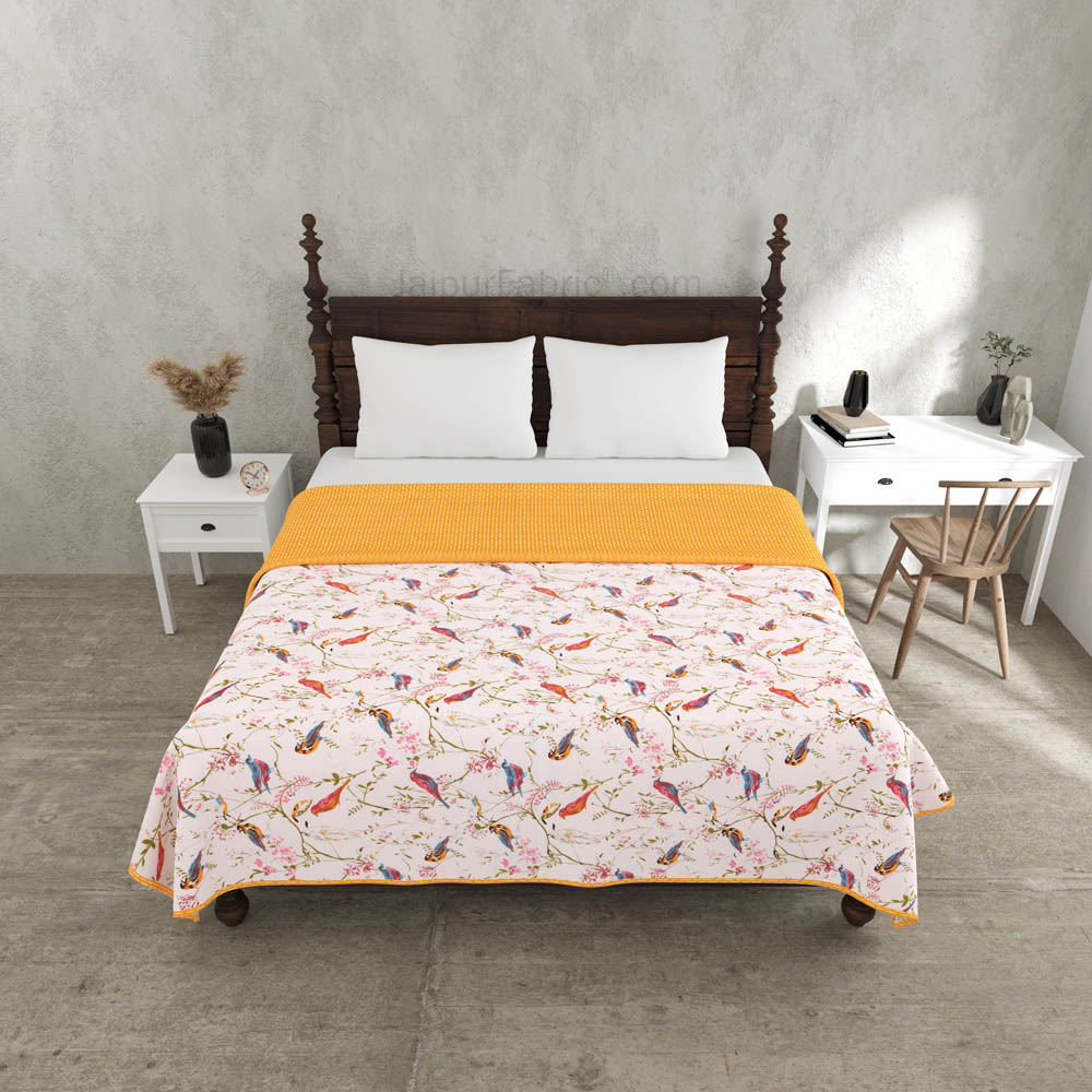 Parakeets Yellow Double Bed Dohar Blanket