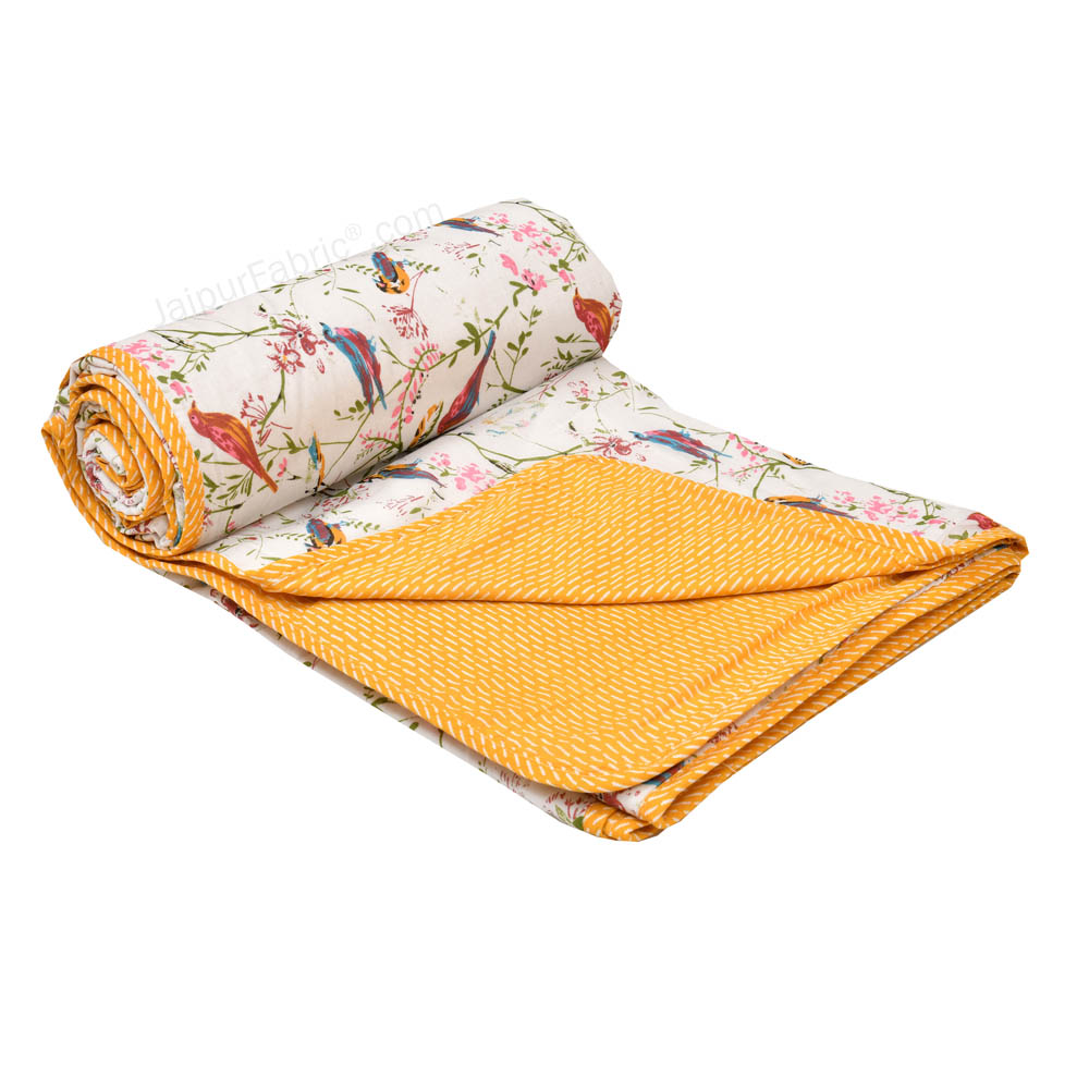 Parakeets Yellow Double Bed Dohar Blanket