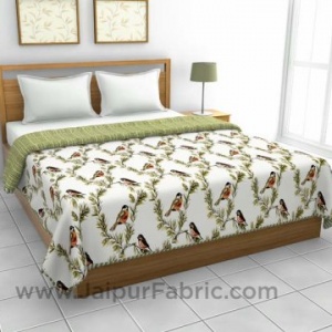 Pure Cotton Green Indian Bird Pattern Reversible Double Bed Dohar