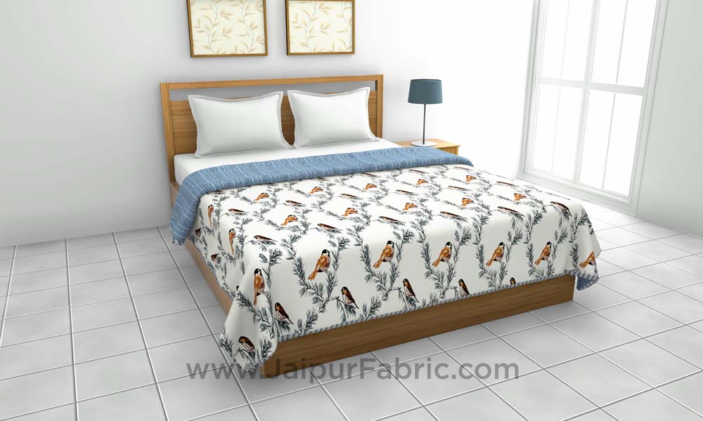 Pure Cotton Blue Indian Bird Pattern Reversible Double Bed Dohar