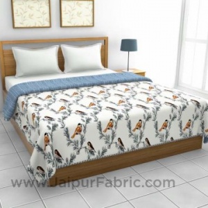 Pure Cotton Blue Indian Bird Pattern Reversible Double Bed Dohar
