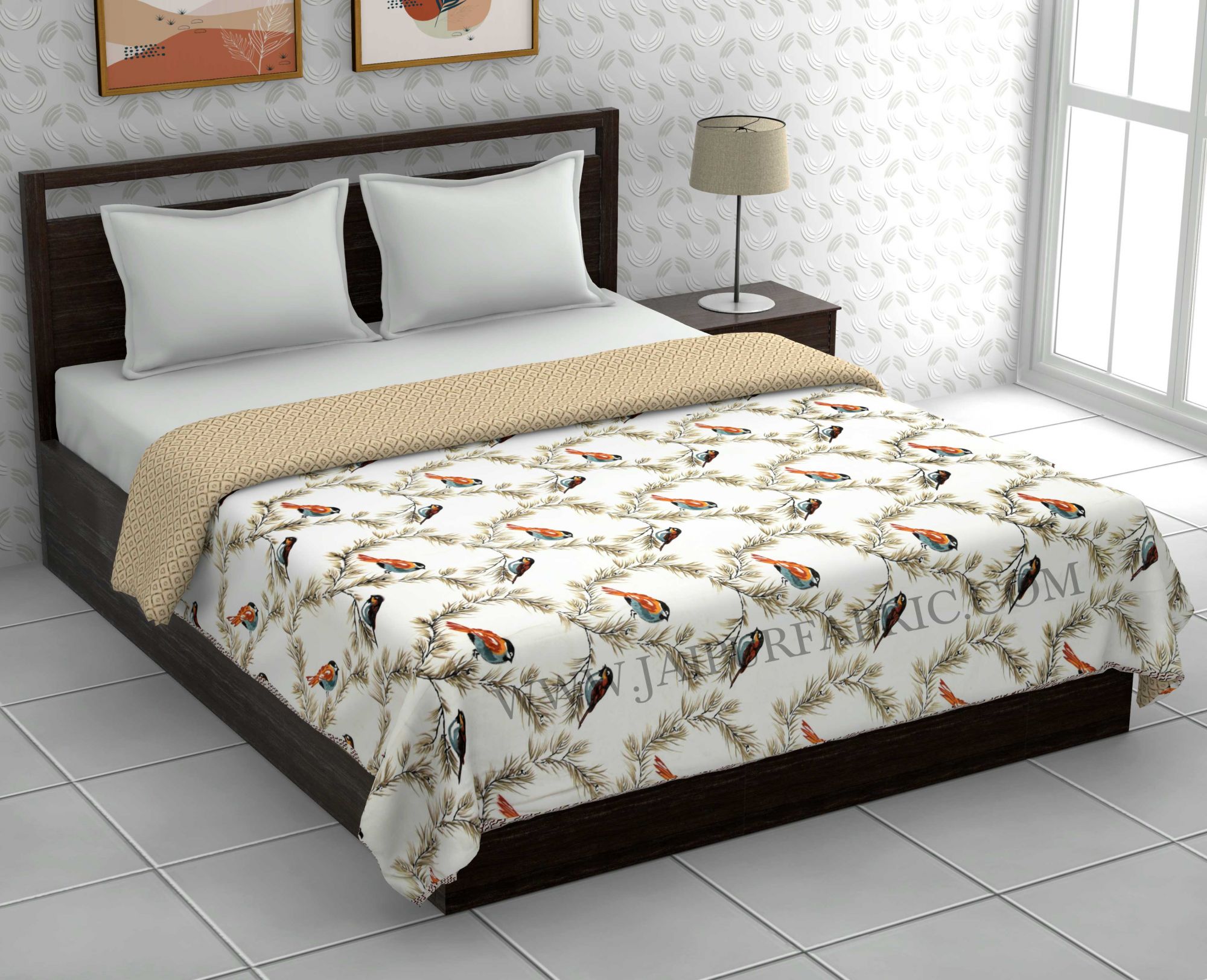 Pure Cotton Brown Indian Bird Pattern Reversible Double Bed Dohar