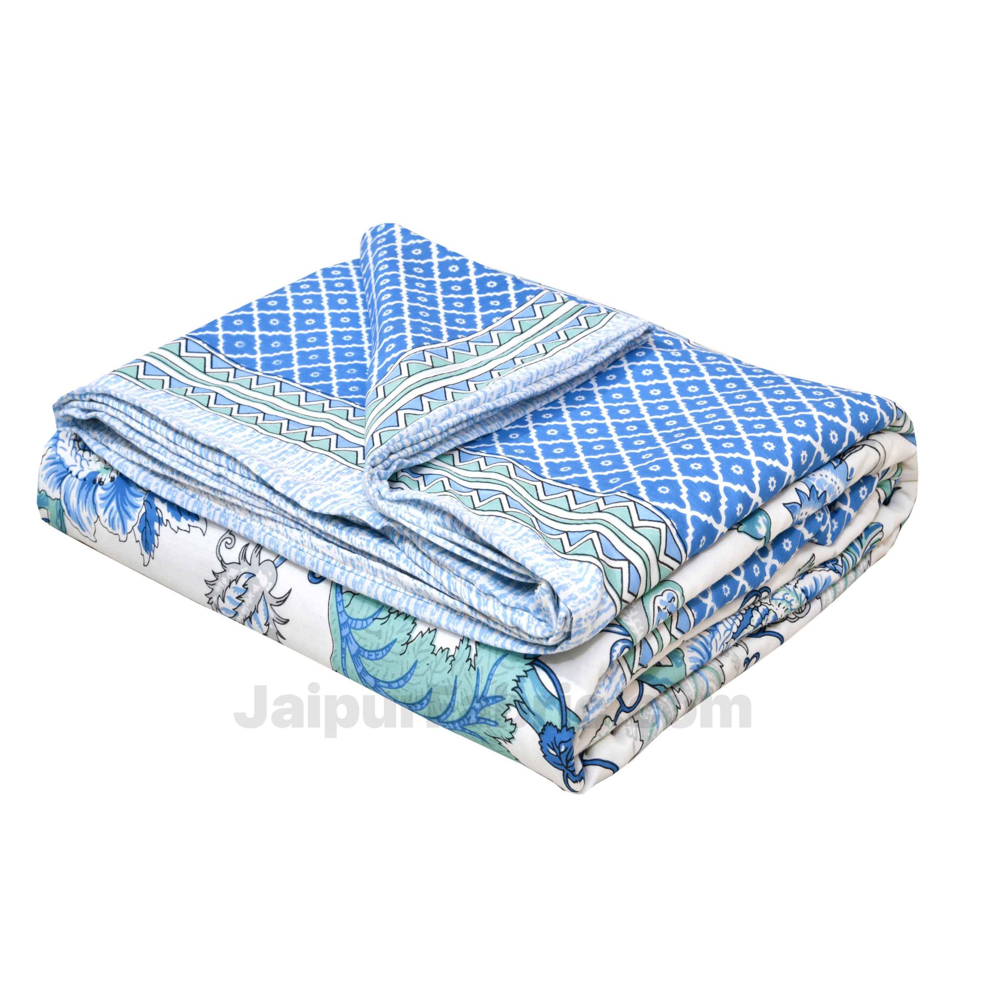 Lightweight Reversible Double Bed Dohar Blue Gala Flowers Skin Friendly Pure Cotton MulMul Blanket / AC Comforter / Summer Quilt