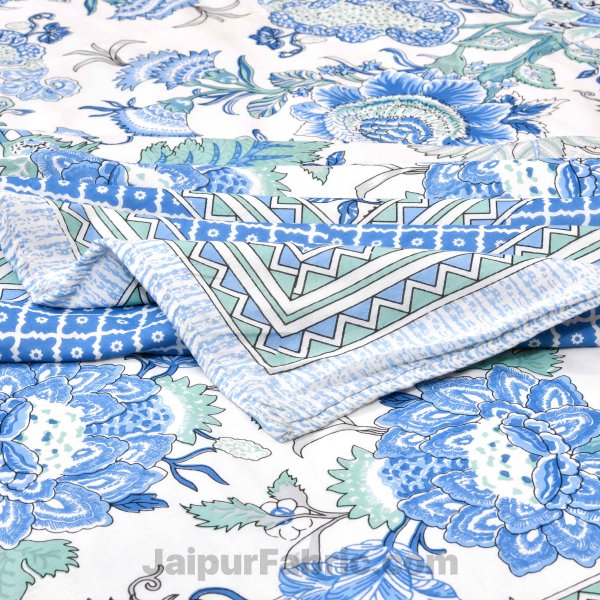 Lightweight Reversible Double Bed Dohar Blue Gala Flowers Skin Friendly Pure Cotton MulMul Blanket / AC Comforter / Summer Quilt