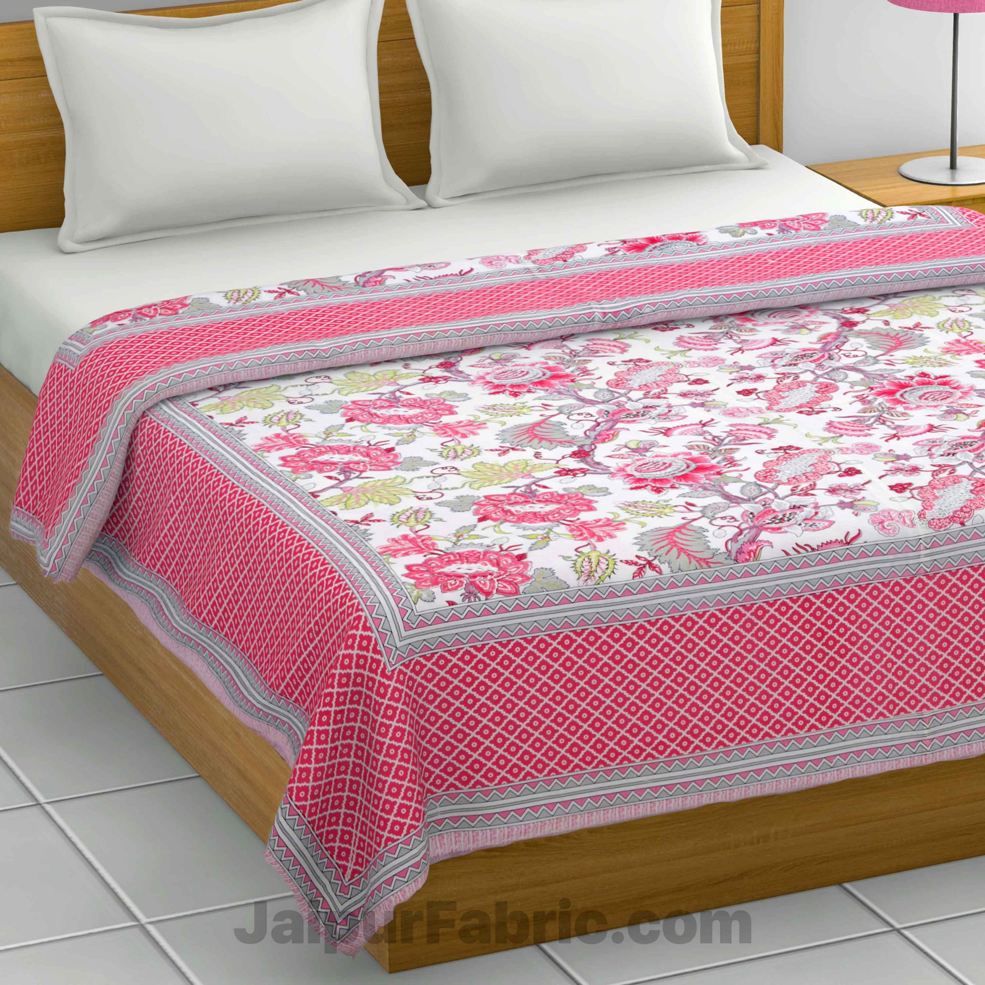 Lightweight Reversible Double Bed Dohar Pink Gala FlowersSkin Friendly Pure Cotton MulMul Blanket / AC Comforter / Summer Quilt