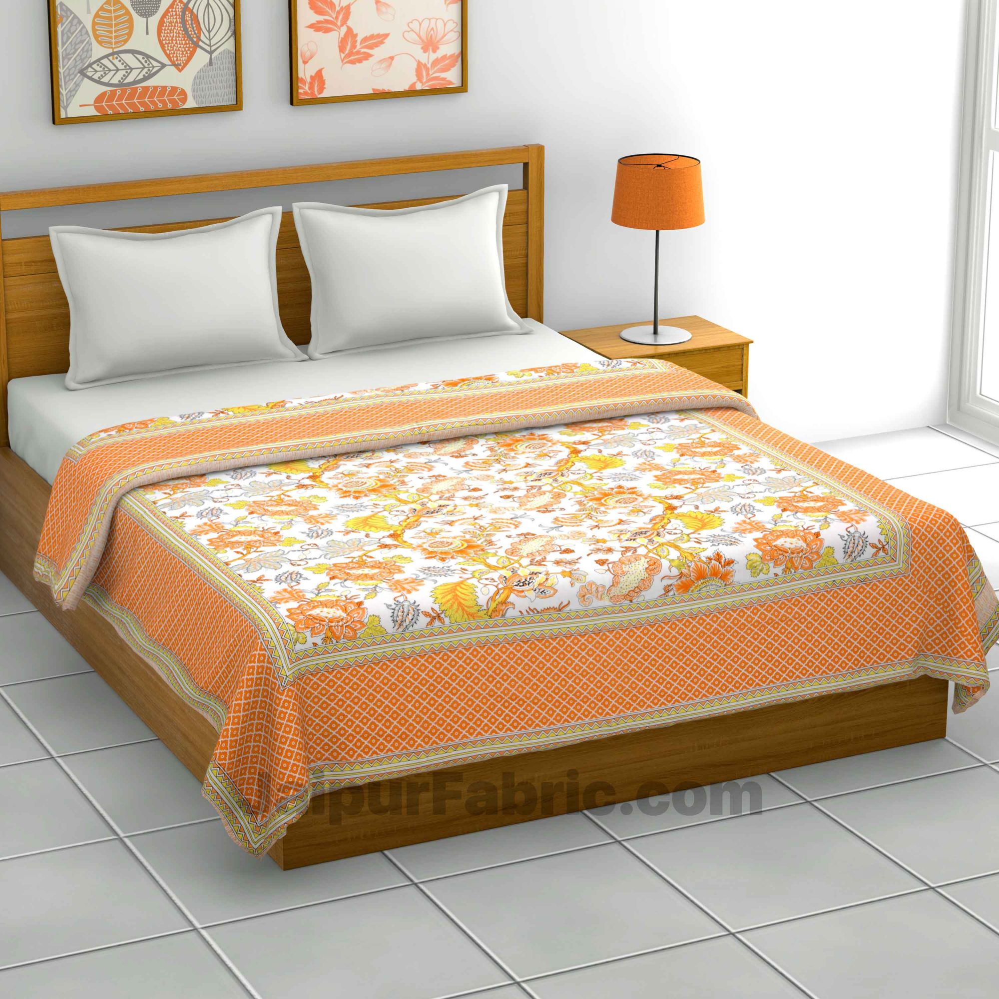 Combo373 Bed in a Bag Orange Floral  1 Dohar + 1 Double BedSheet + 2 Pillow Covers
