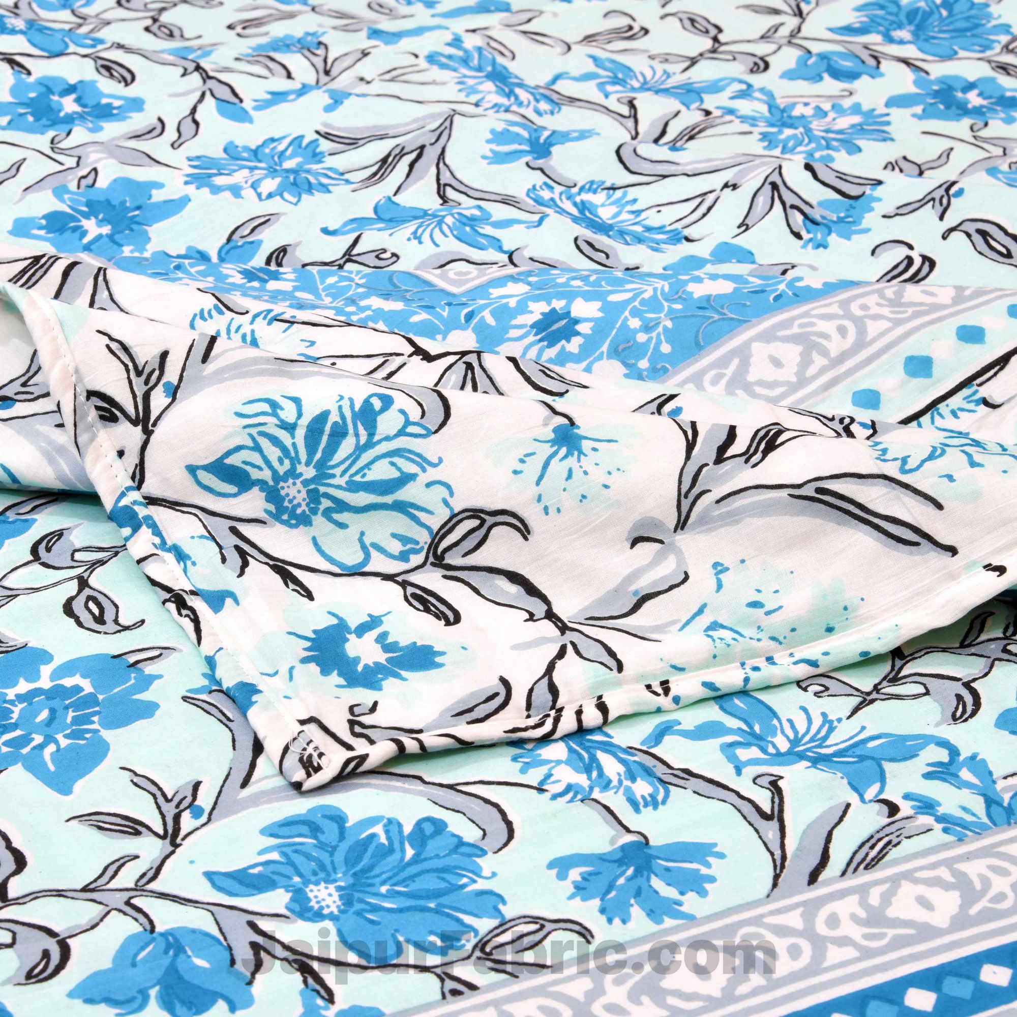 Lightweight Reversible Double Bed Dohar Blue Leaves FlowerSkin Friendly Pure Cotton MulMul Blanket / AC Comforter / Summer Quilt