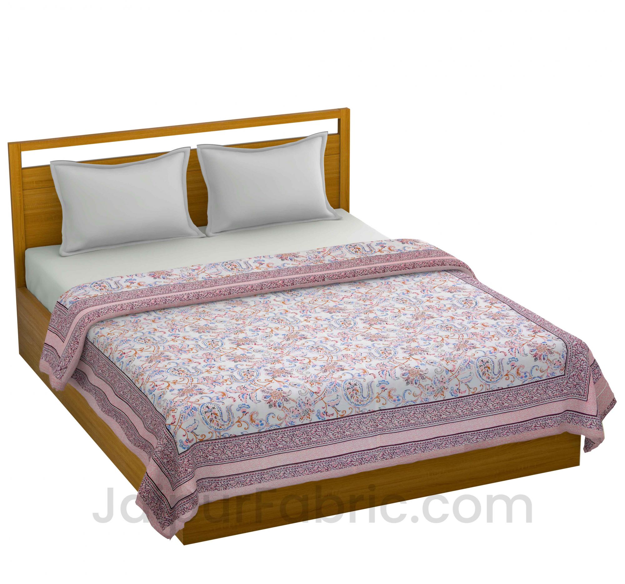 Mulmul Pure Cotton Paisley Floral Ethnic Pink Border Jaipuri Double Bed Dohar