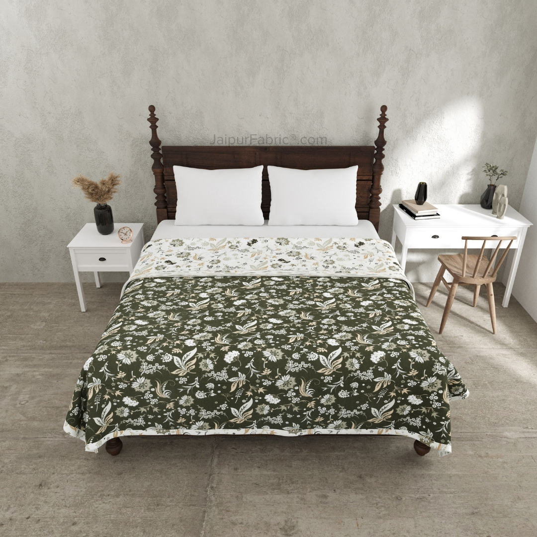 Flowery Spring Green Cotton Reversible Double Bed Dohar