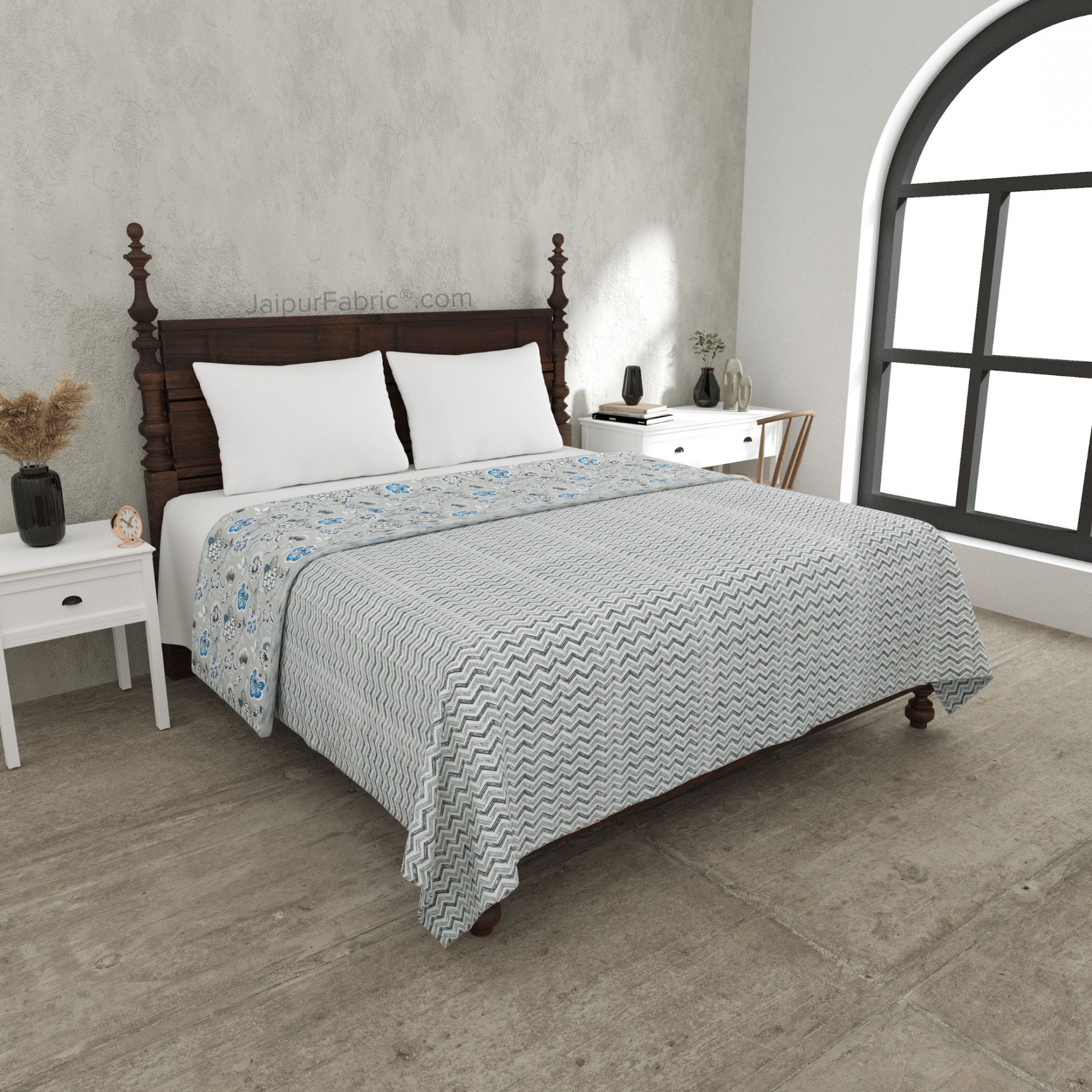 Silver Petals Grey Floral Cotton Reversible Double Bed Dohar