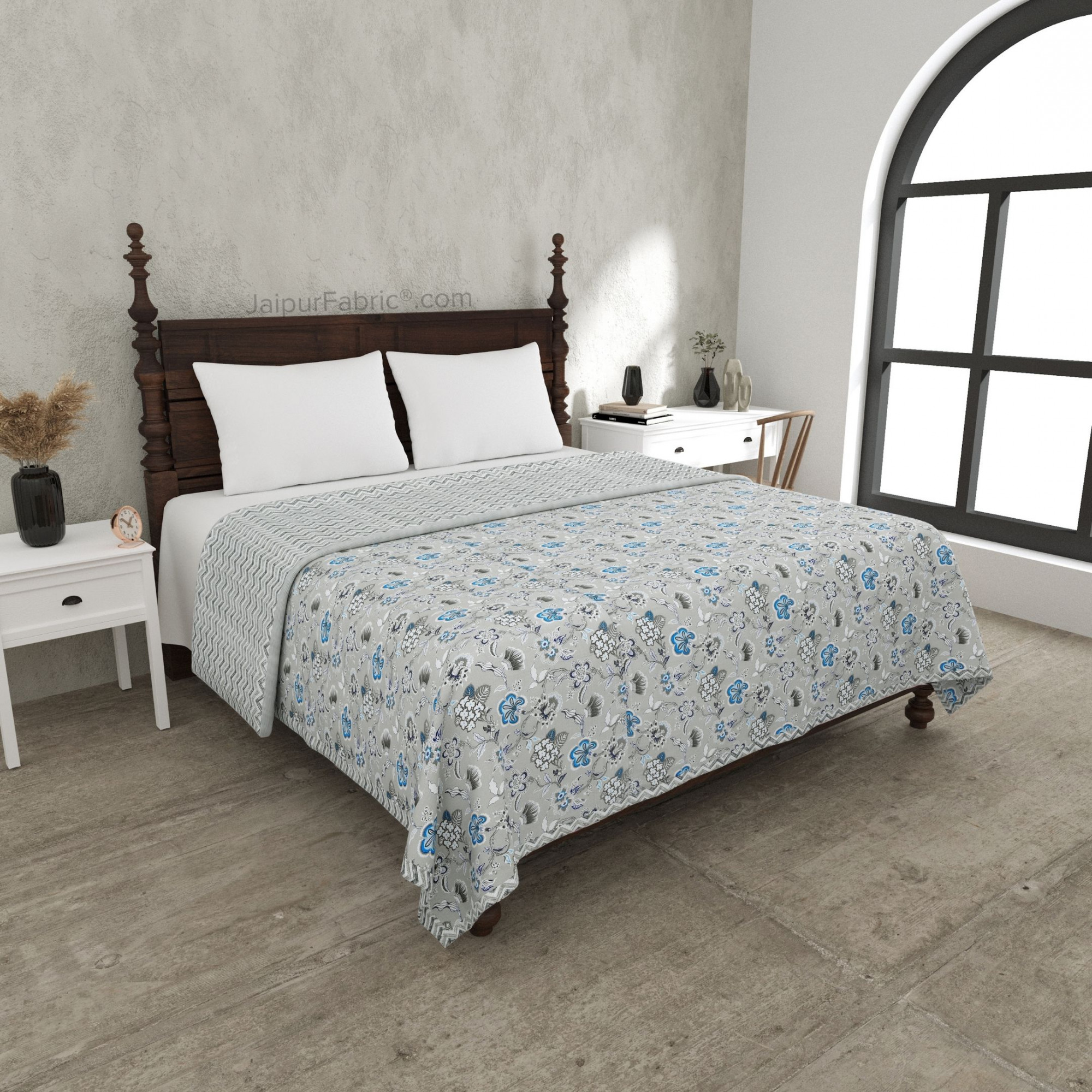 Silver Petals Grey Floral Cotton Reversible Double Bed Dohar
