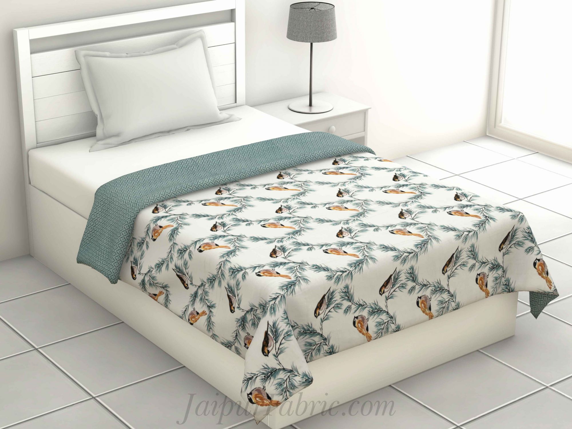 Pure Cotton Blue Indian Bird Pattern Reversible Single Bed Dohar