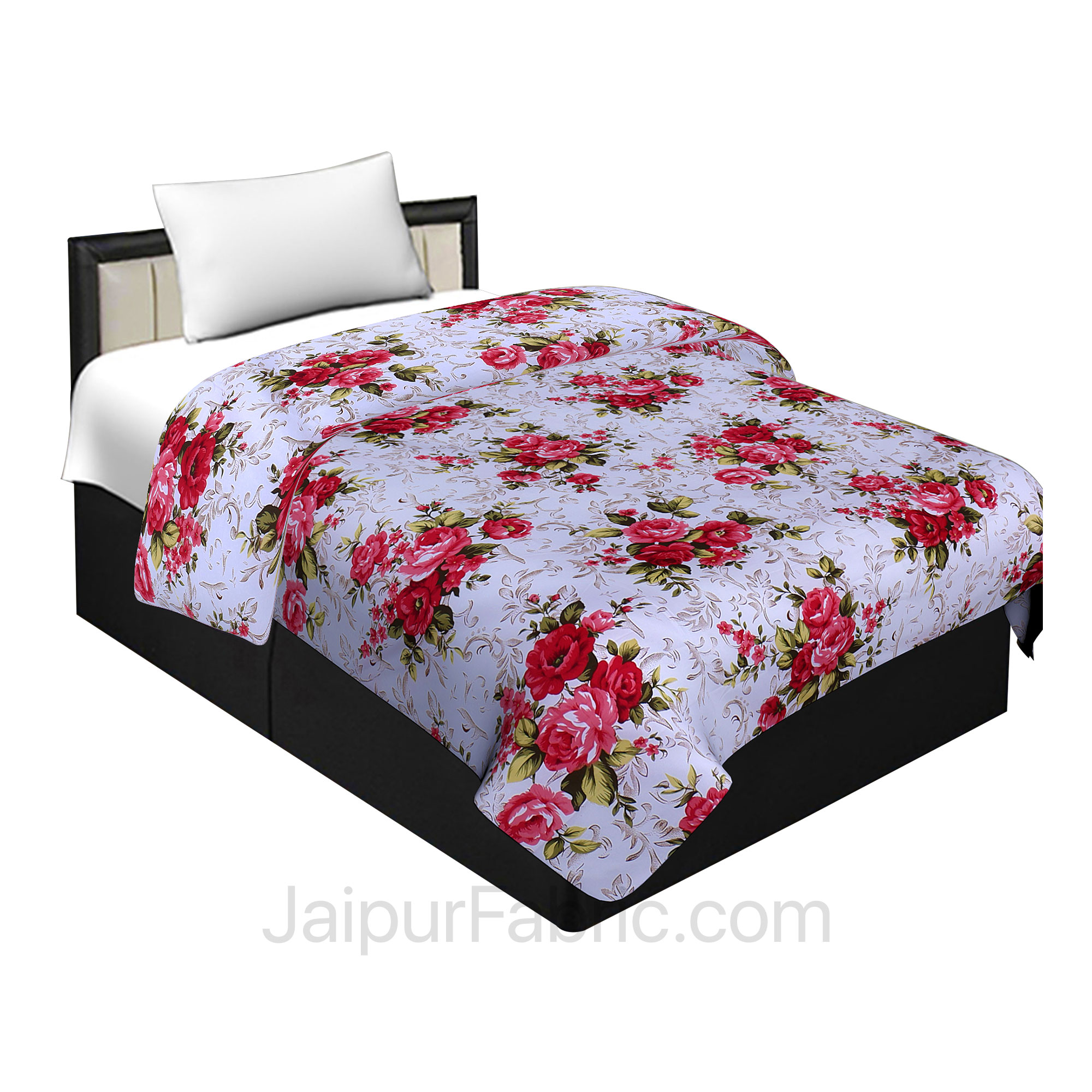 Cotton White Red Roses Reversible Single Blanket/Duvet/Quilt/AC Dohar