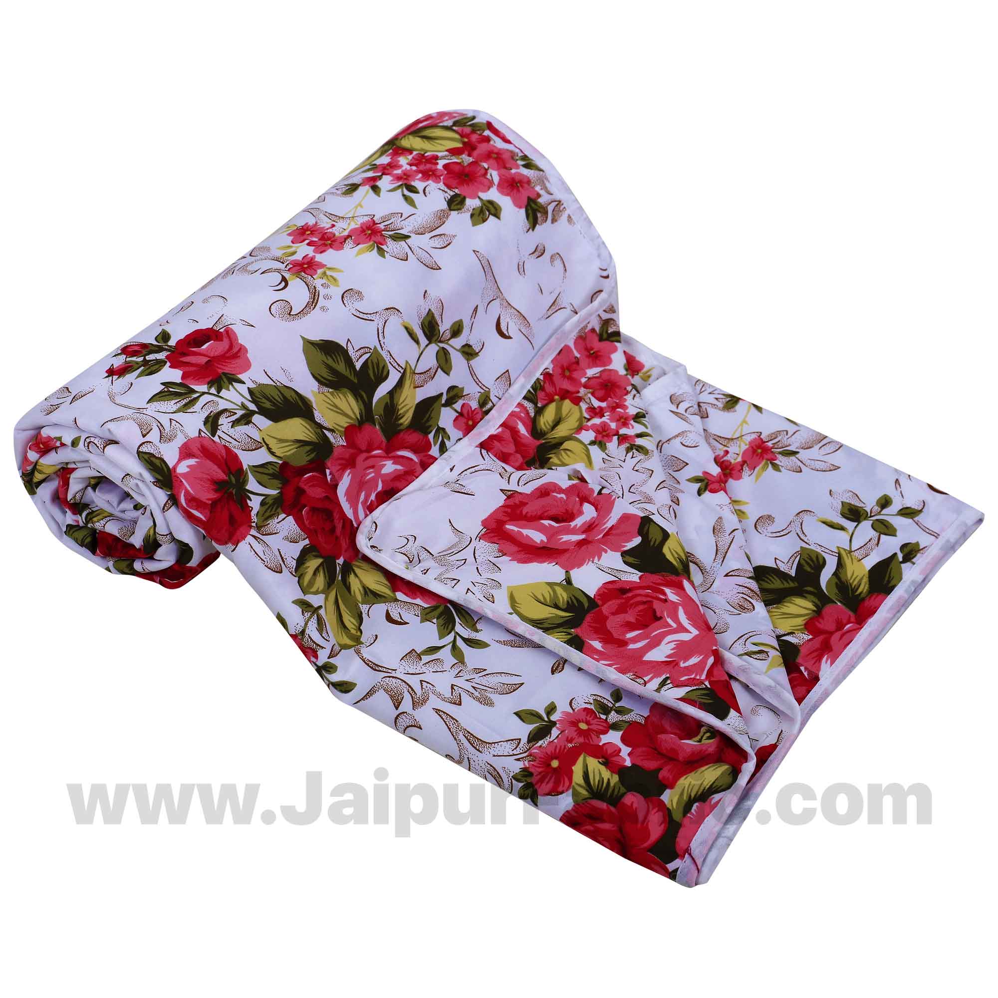 Cotton White Red Roses Reversible Single Blanket/Duvet/Quilt/AC Dohar
