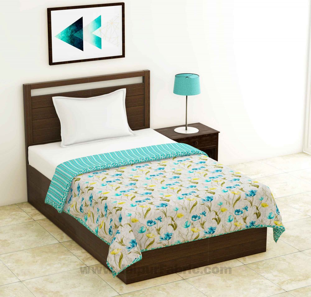 Lightweight Reversible Single Bed Dohar Green Flower Skin Friendly Pure Cotton MulMul Blanket / AC Comforter / Summer Quilt