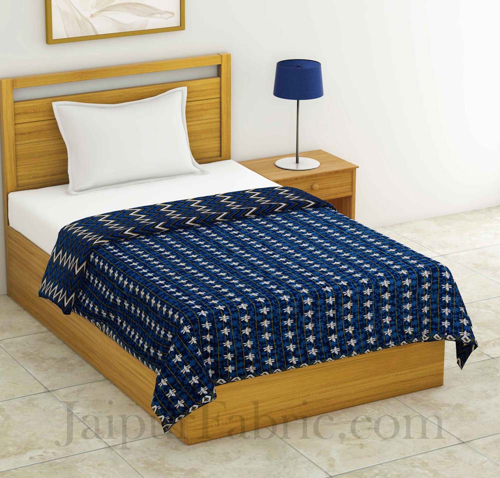 Mulmul Pure Cotton Small Leaf  Navy Blue Border Jaipuri Single Bed Dohar