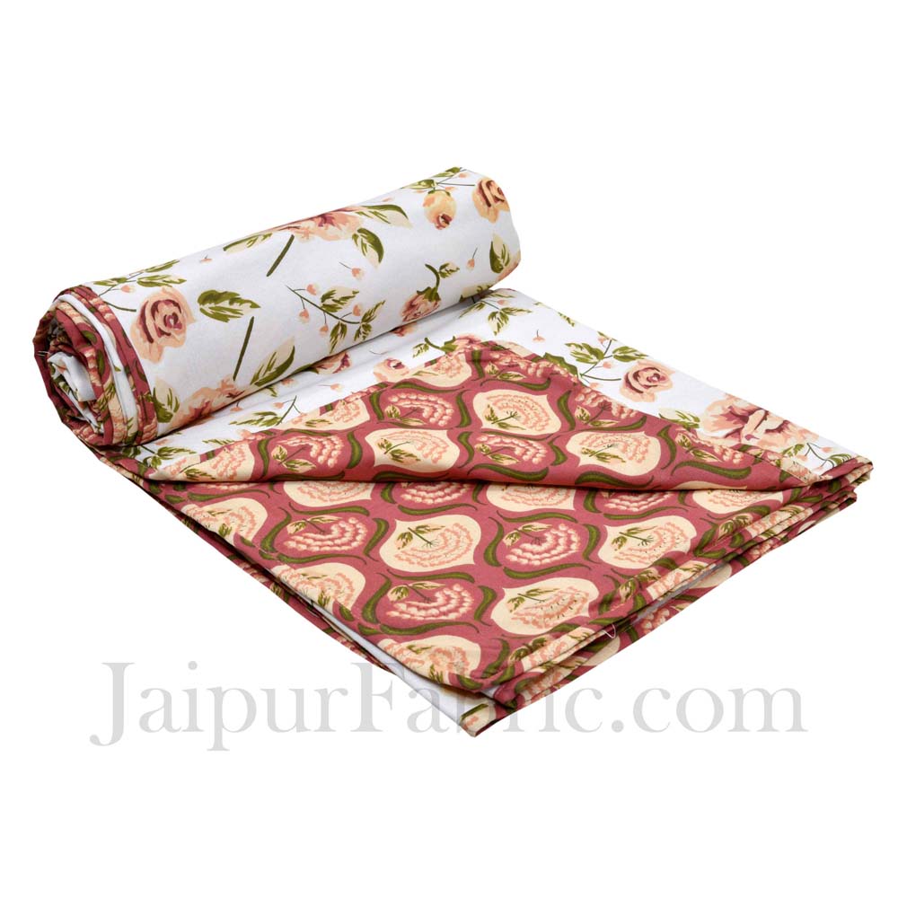 Mulmul Pure Cotton Small Leaf  Creamish Floral Border Jaipuri Single Bed Dohar