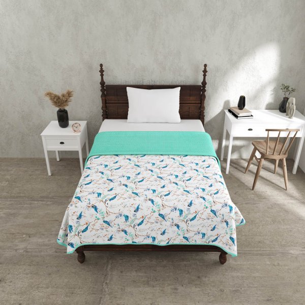 Parakeets Blue Green Single Bed Dohar Blanket