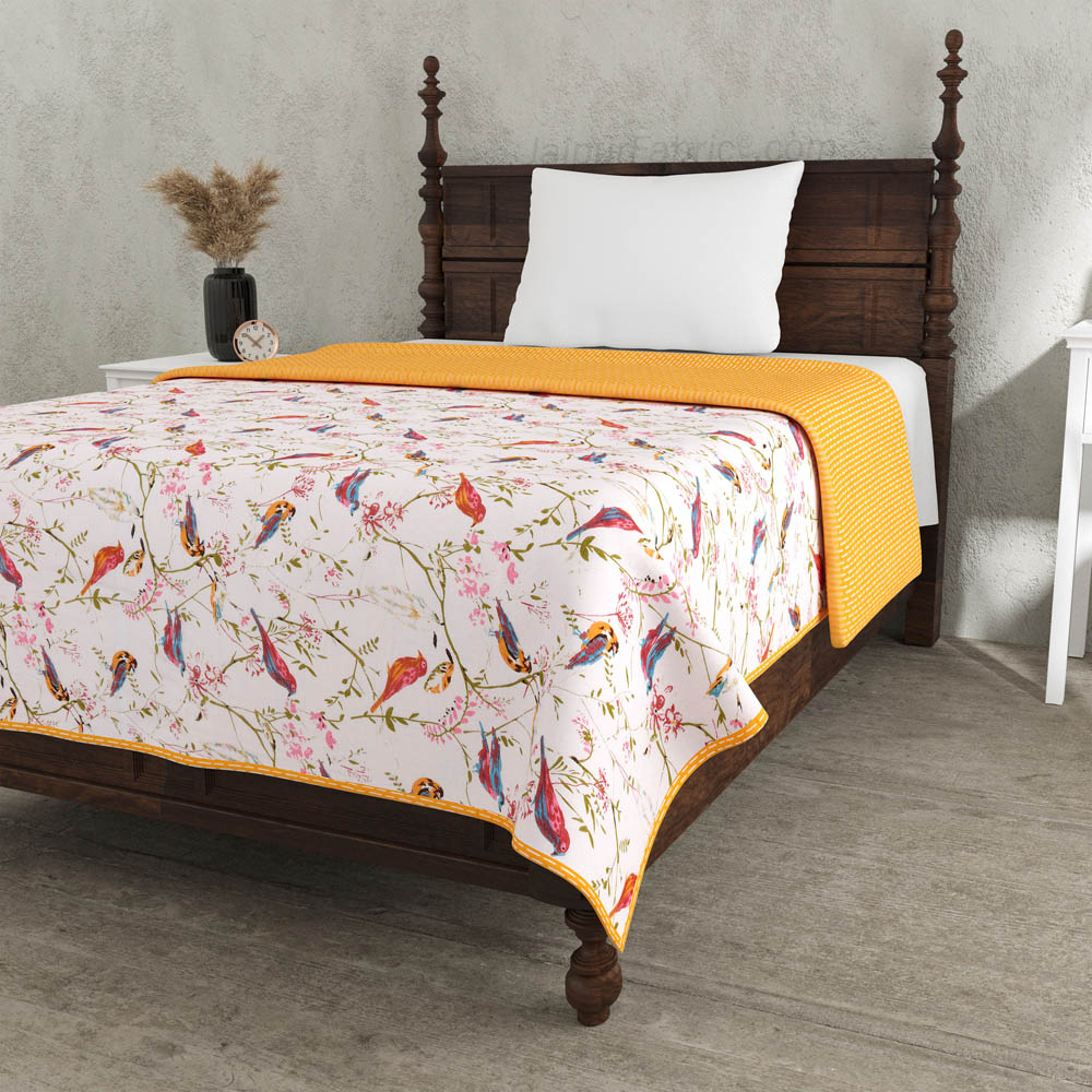Parakeets Yellow Single Bed Dohar Blanket