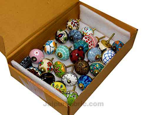 MultiColor Set of 25 Pcs Fabricated Knobs for Doors and Cabinets with Brass Blue Pottery