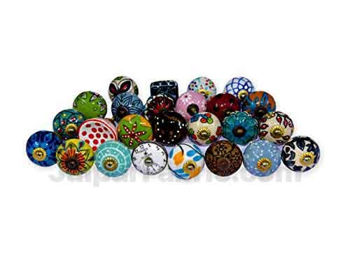 MultiColor Set of 25 Pcs Fabricated Knobs for Doors and Cabinets with Brass Blue Pottery