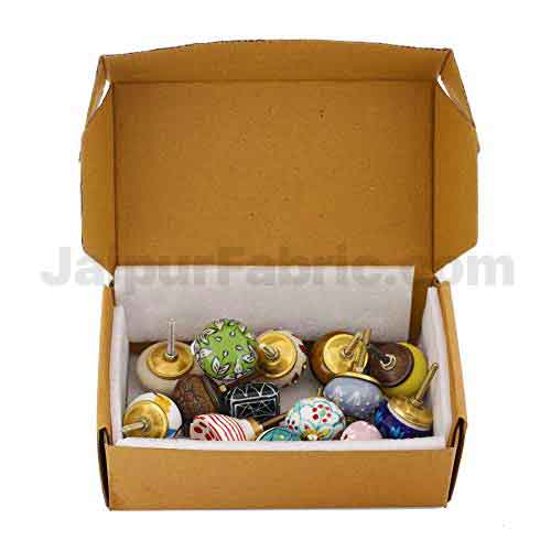 MultiColor Set of 15 Pcs Fabricated Knobs for Doors and Cabinets with Brass Blue Pottery