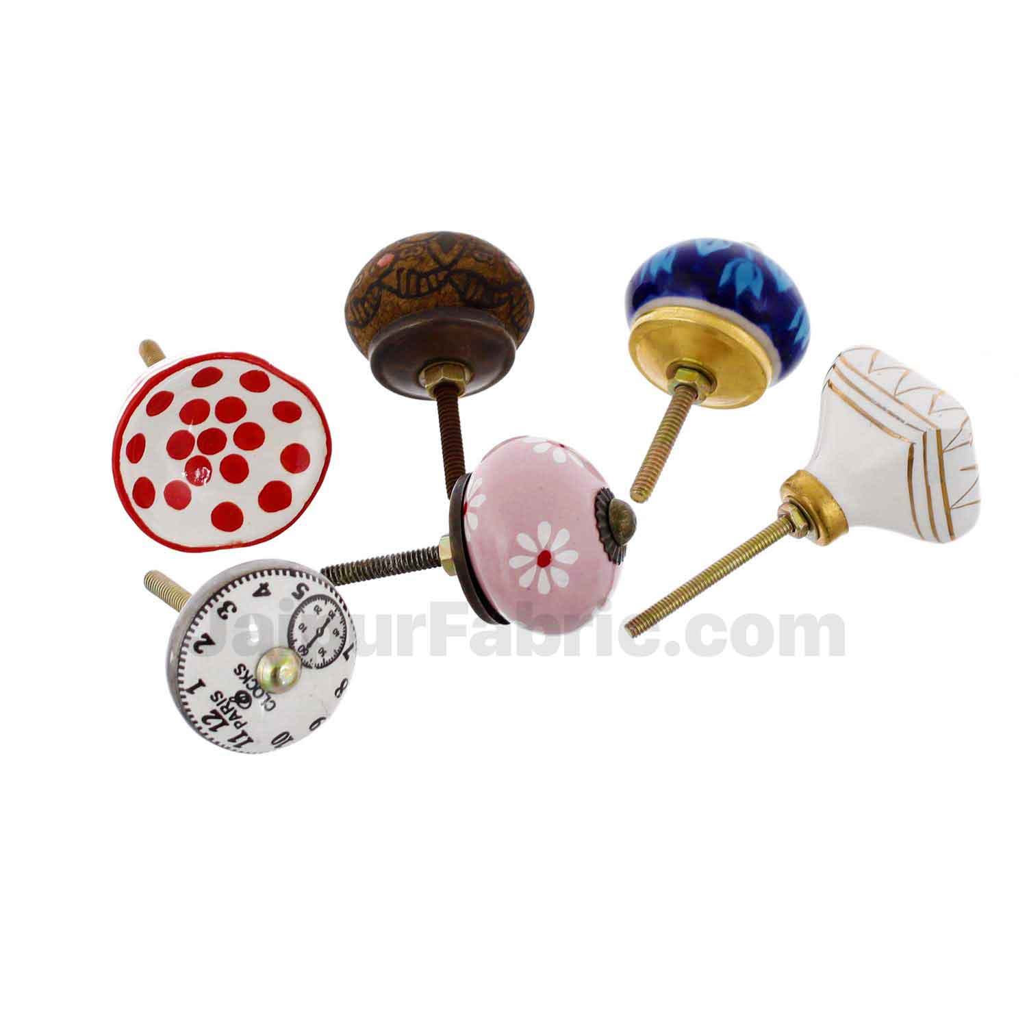 MultiColor Set of 6 Pcs Fabricated Knobs for Doors and Cabinets with Brass Blue Pottery
