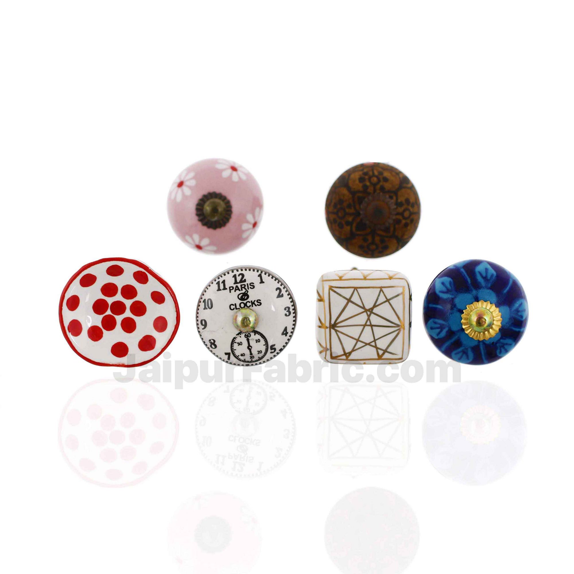 MultiColor Set of 6 Pcs Fabricated Knobs for Doors and Cabinets with Brass Blue Pottery