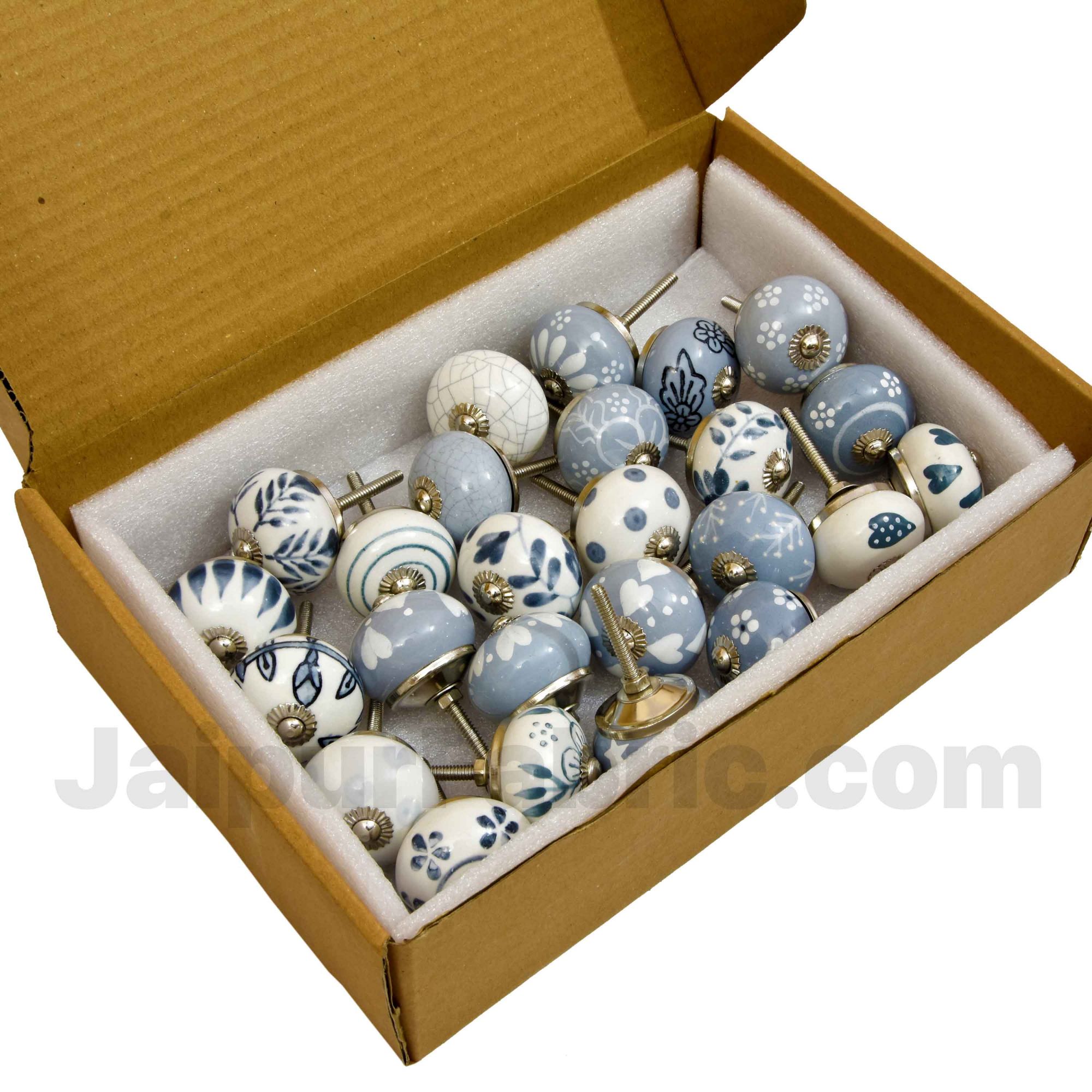 English Ceramic Knob Set of 25 Pcs Fabricated Knobs for Doors and Cabinets with Brass Blue Pottery