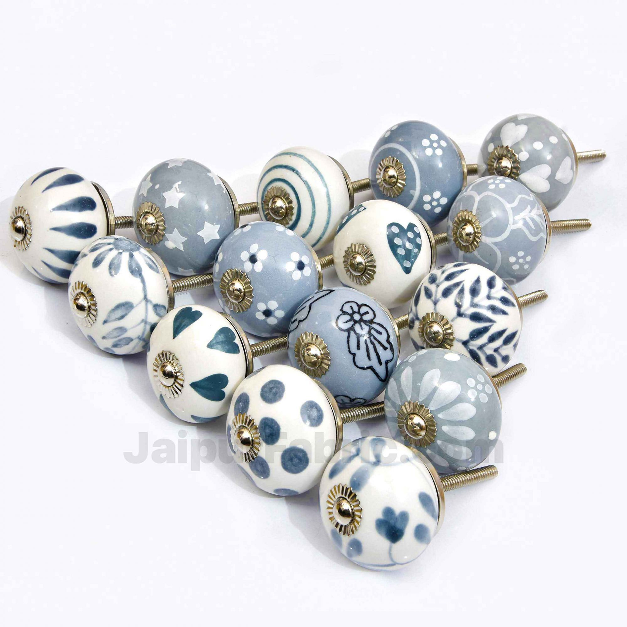 English Ceramic Knob Set of 15 Pcs Fabricated Knobs for Doors and Cabinets with Brass Blue Pottery