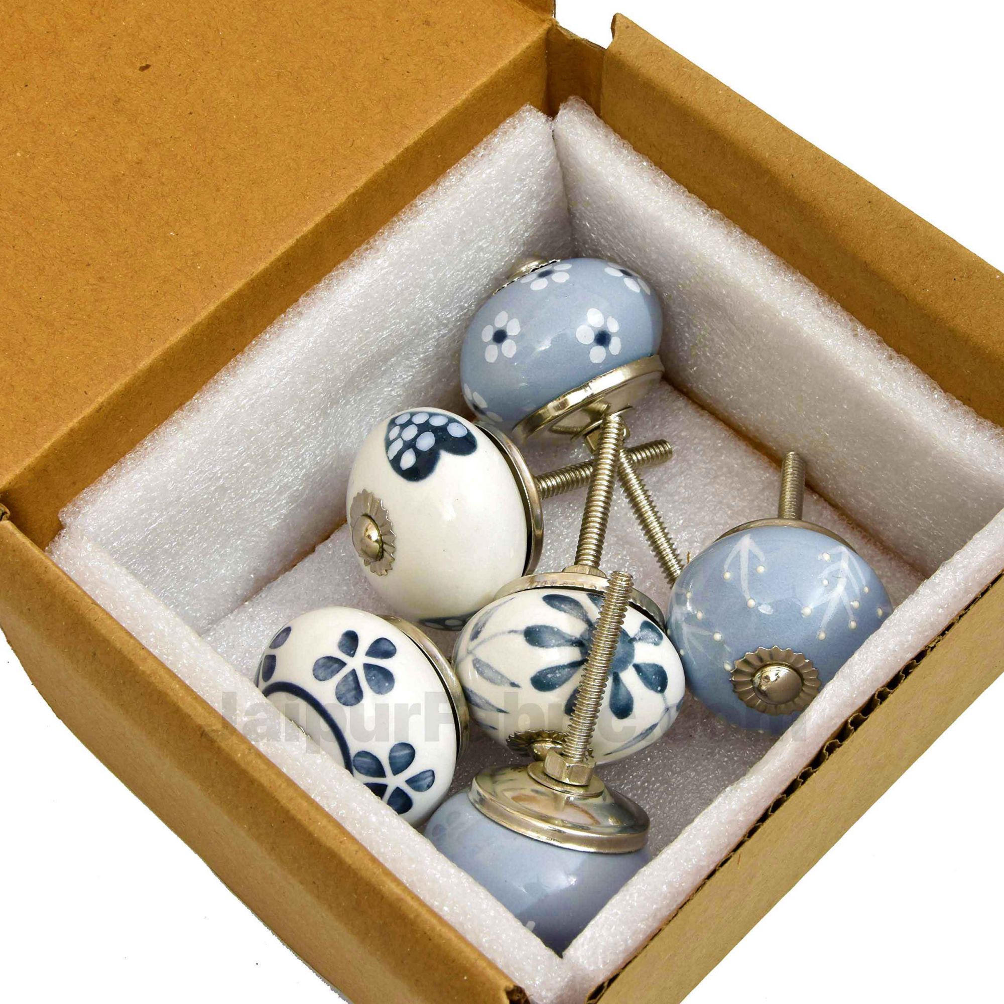 English Ceramic Knob Set of 6 Pcs Fabricated Knobs for Doors and Cabinets with Brass Blue Pottery